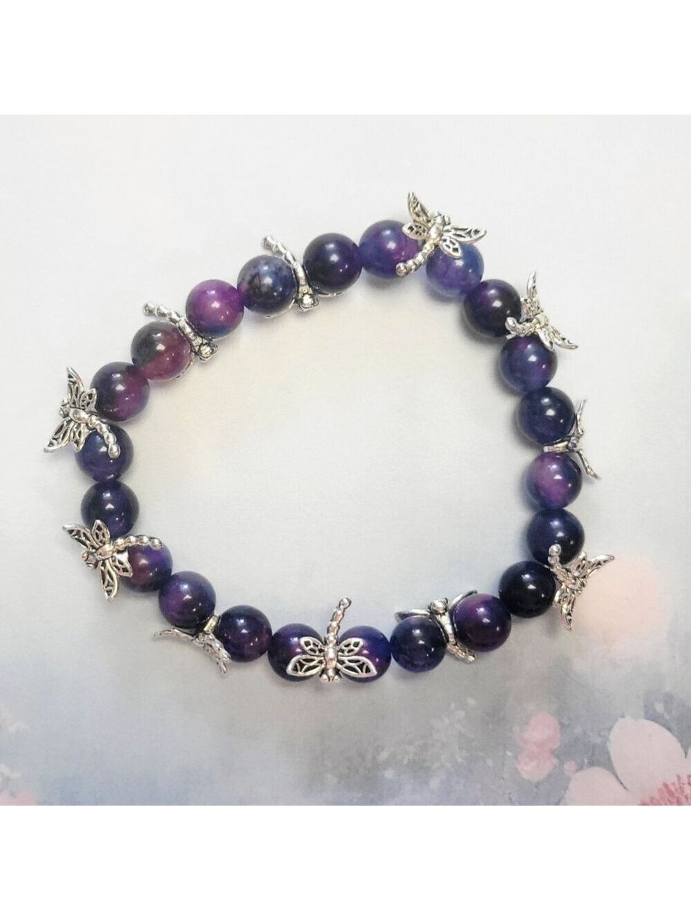 Sugilite Crystal Silver Dragonfly Beaded Bracelet 7.5"